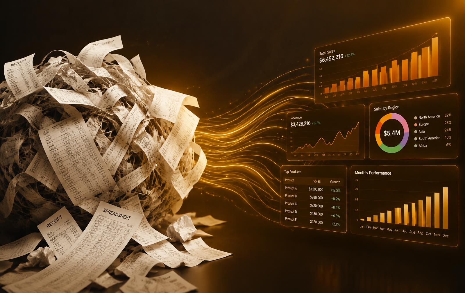 Messy receipts and spreadsheets transforming into clean business dashboards