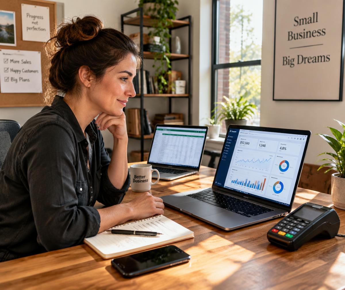 Business owner reviewing clean dashboards